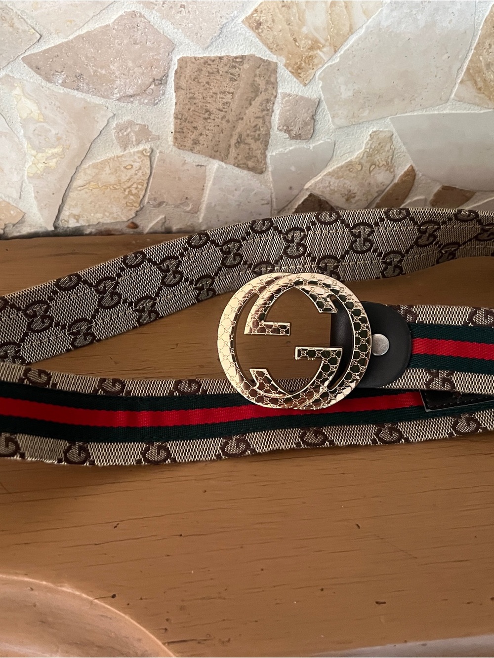 Gucci Beige Monogram Web Belt with Red and Green Stripe and Gold Buckle